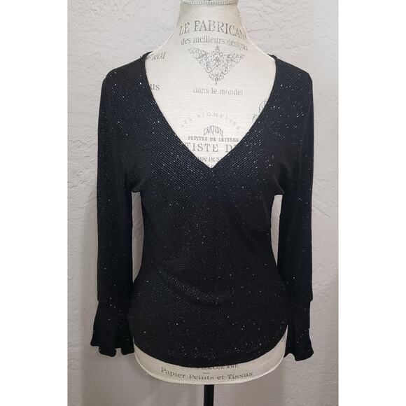 Xscape Black V Neck Flare Long Sleeve Blouse Evening Top - Picture 1 of 9